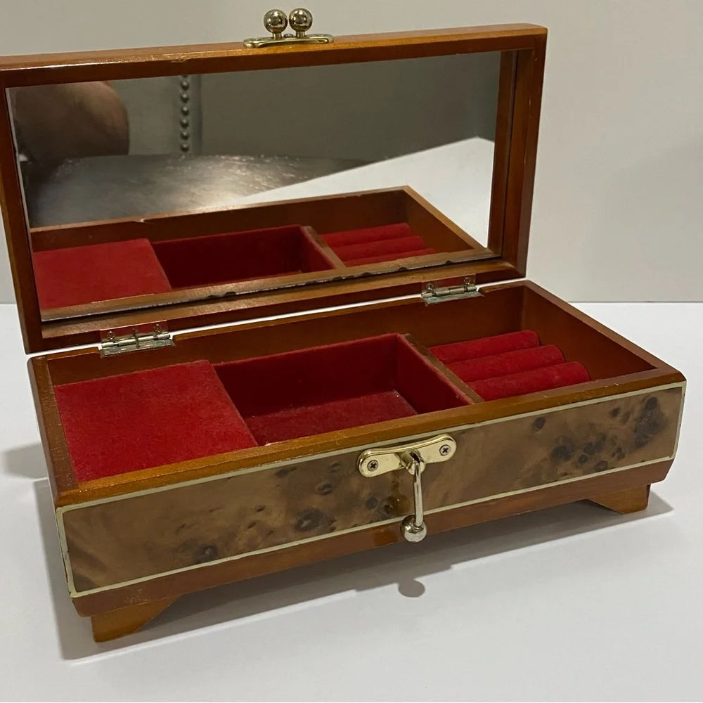 VTG Kimco Japan Wooden Jewelry Box Floral Inlay Red Velvet Lining Mirror READ